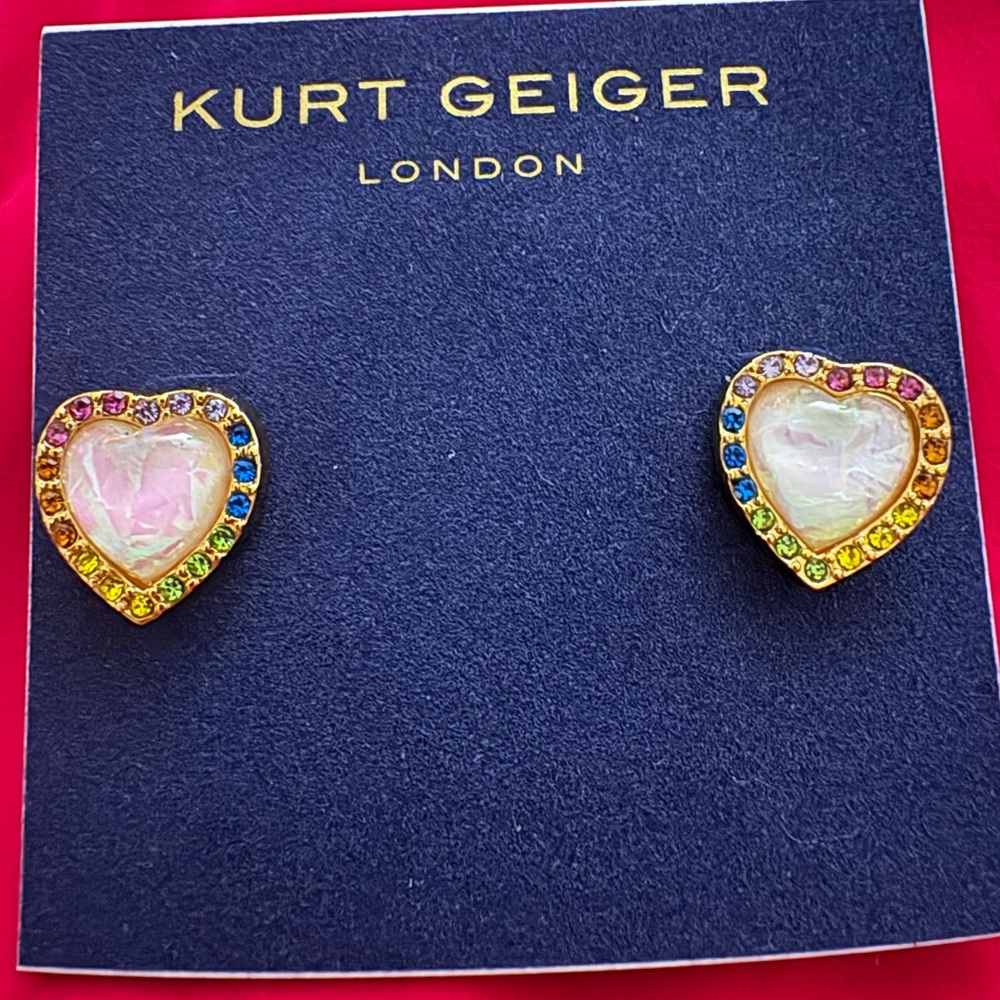 🌈❤️‍🔥Kurt Geiger Iridescent Heart Stud Earrings with Rainbow Pave Stone Border